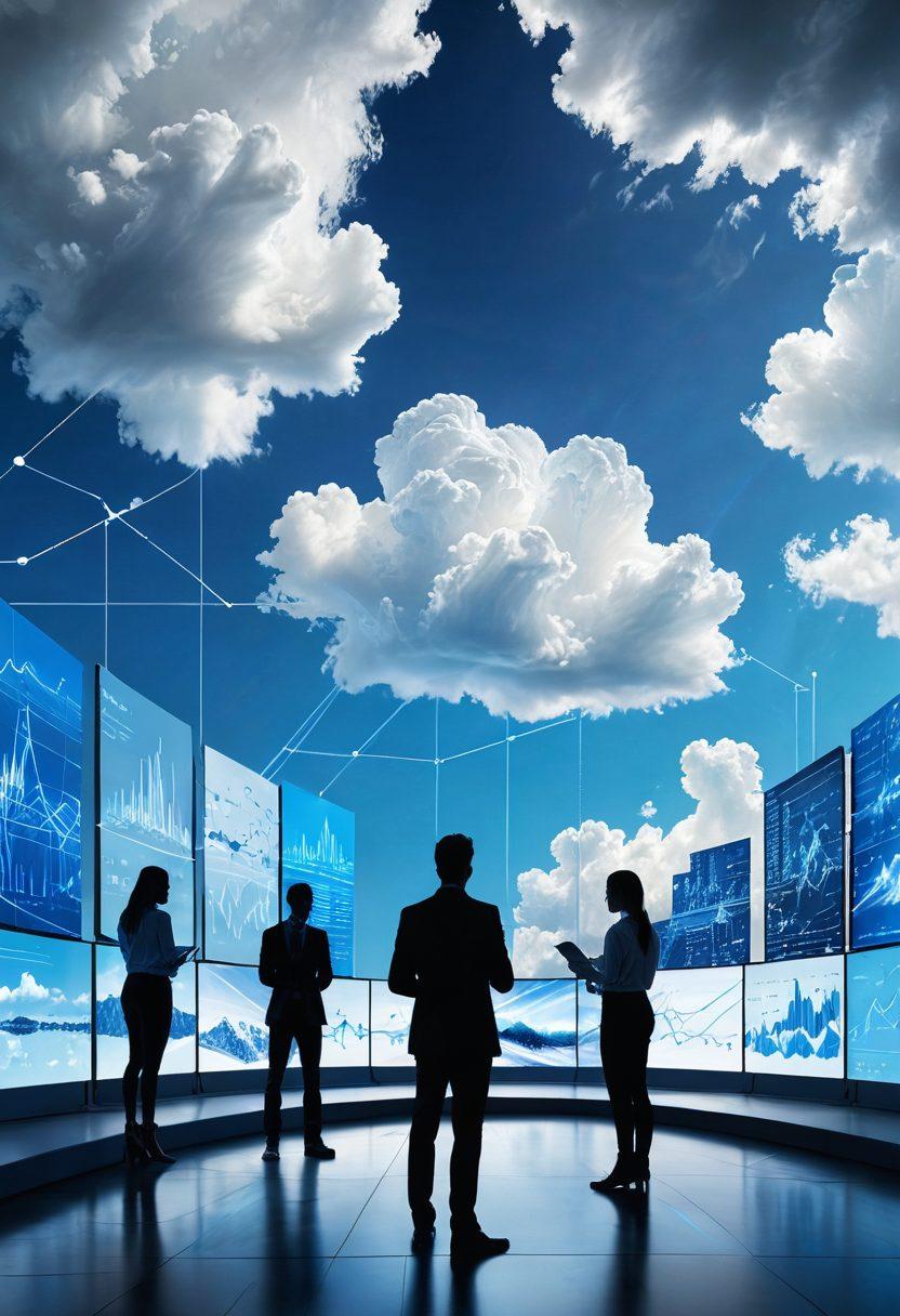 A futuristic digital landscape showcasing a vast cloud with interconnected data streams flowing seamlessly across the sky. Include diverse individuals using devices to manage and organize their data, with holographic interfaces displaying graphs and charts above them. Bright blue and white tones to evoke a sense of technology and innovation. super-realistic. vibrant colors.