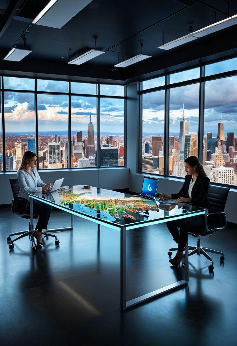 A modern workspace featuring a diverse group of professionals collaborating around a translucent touchscreen table displaying cloud icons and file sharing graphics. In the background, large windows reveal a digital cityscape with floating data streams. The color palette is bright and energetic, emphasizing technology and connectivity. super-realistic. vibrant colors.