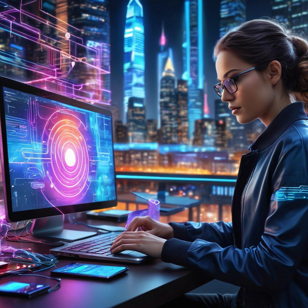 A digital landscape showcasing diverse storage solutions like external hard drives, cloud storage icons, and USB flash drives, interconnected by glowing data lines. In the foreground, a user confidently navigating their files on a sleek laptop, surrounded by colorful holographic representations of data security. The background features a futuristic cityscape symbolizing advanced technology and connectivity. vibrant colors. super-realistic. 
